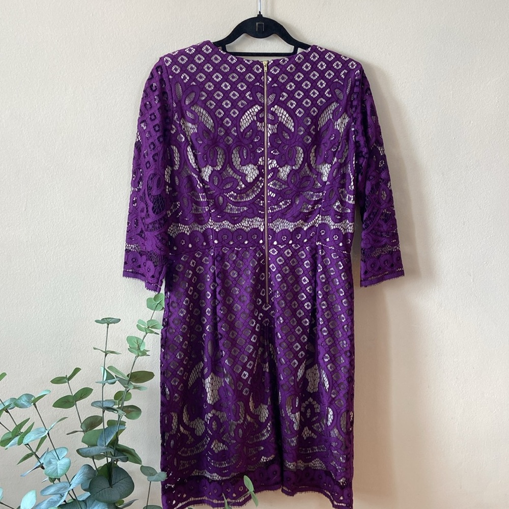 New Gabby Skye Purple Lace Sheath Cocktail Dress 3/4 Sleeve Size 12 Cocktail - Picture 6 of 7